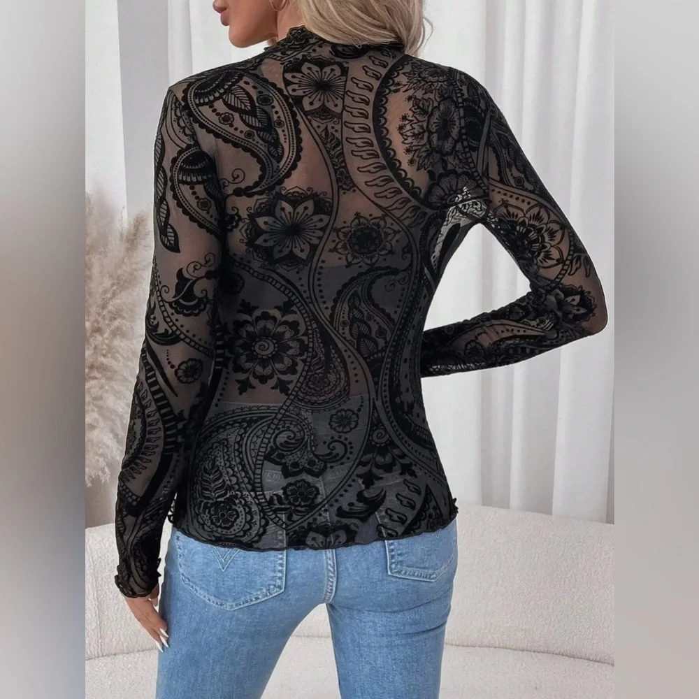 Sheer Lace Paisley Mock-Neck top Black L NWOT - Picture 2 of 2